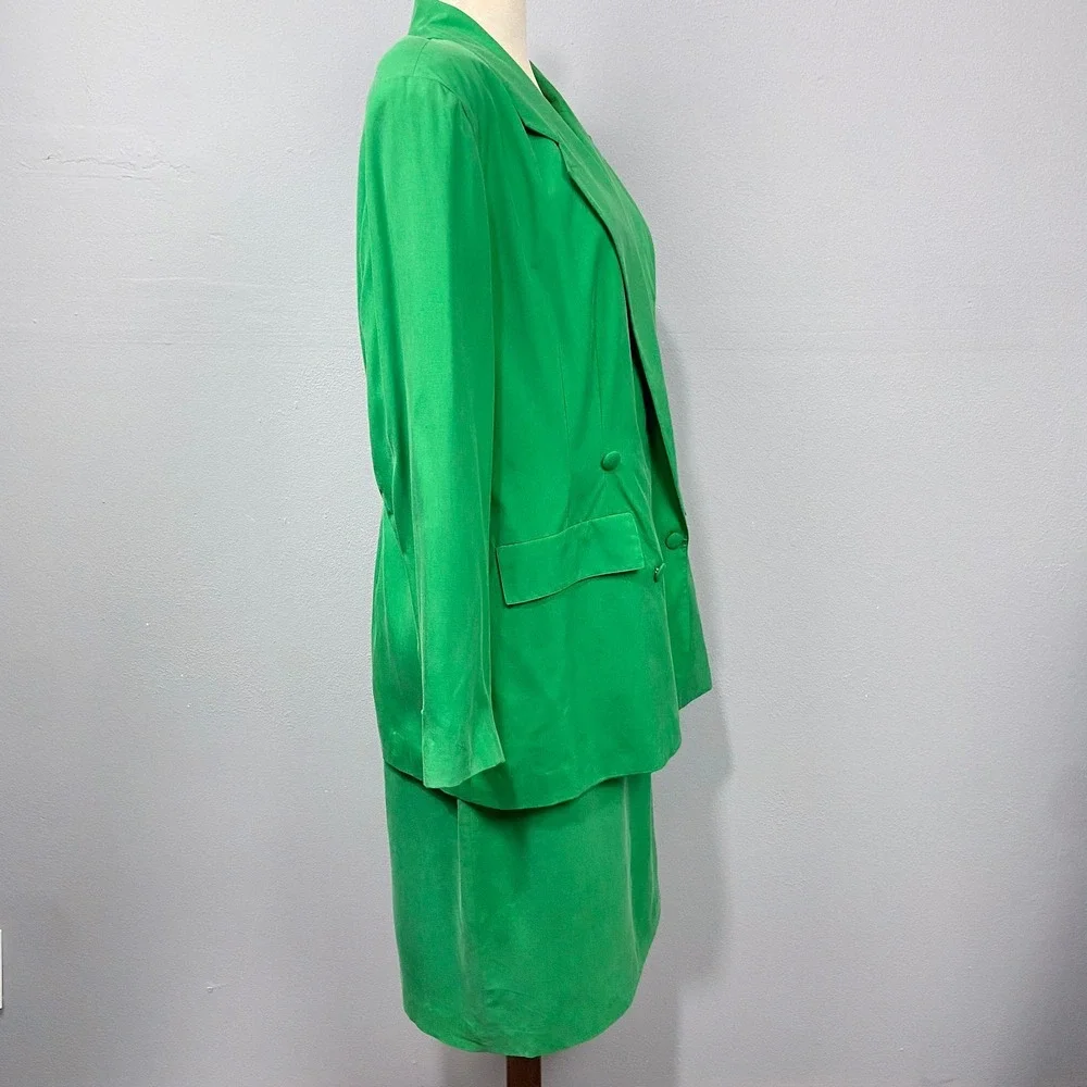 Vintage 80s Apart Skirt Suit Sz 16 Green Silk Power Bold Maximalist Matching Set